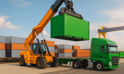 Abbildung eines Logistic Hubs mit einem intermodalem Transport von der Schiene zum LKW